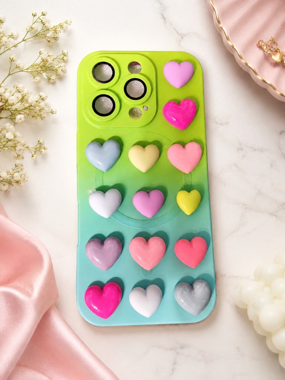 Cute Heart Pop-It Gradient Phone Case - Lime Green to Aqua